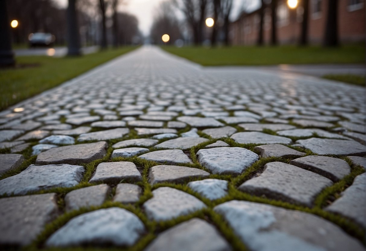 A paved pathway with cracked and uneven pavers, exposed to harsh weather conditions