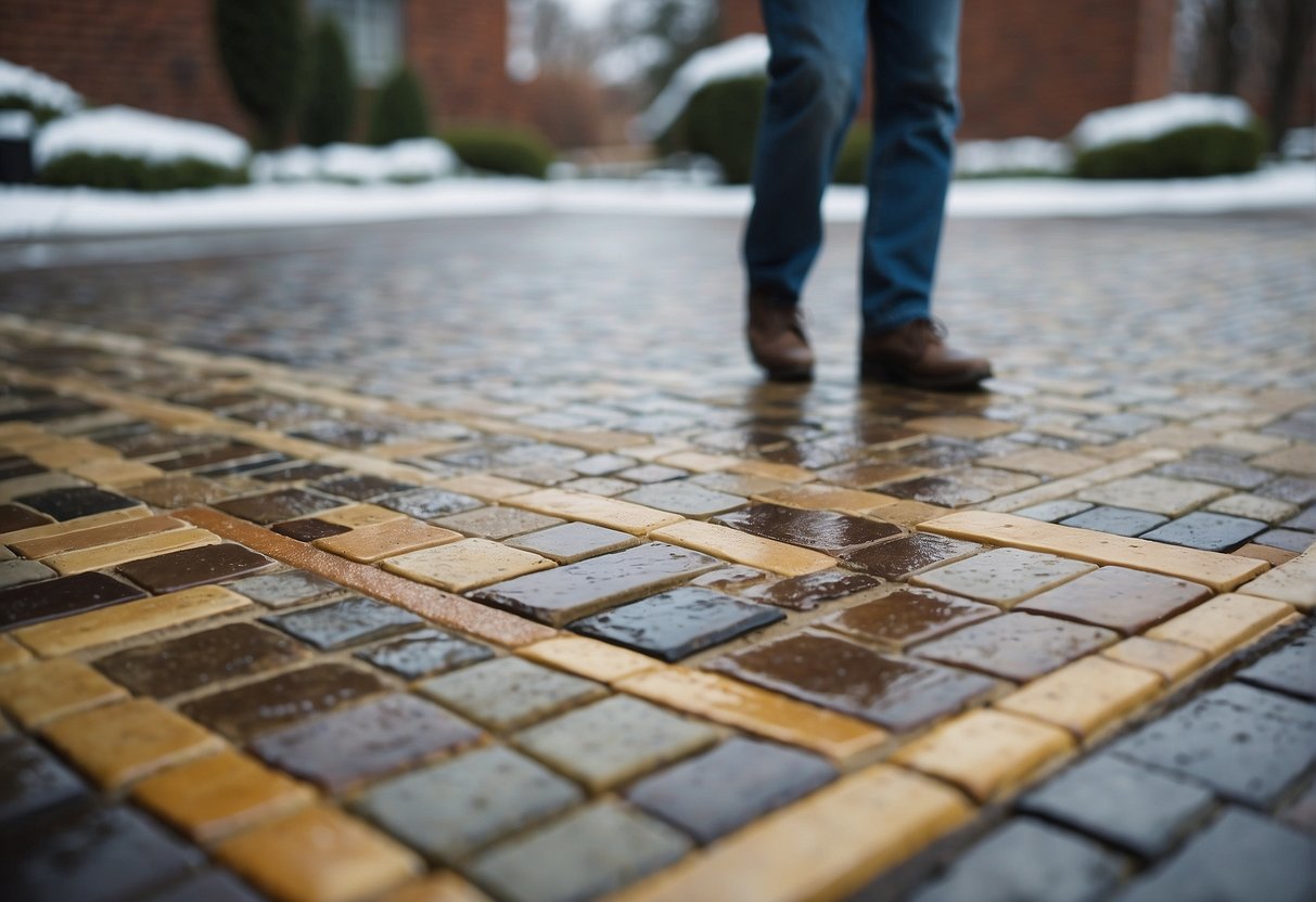 Pavers being regularly cleaned and sealed, with weather elements such as rain, sun, and snow affecting their longevity