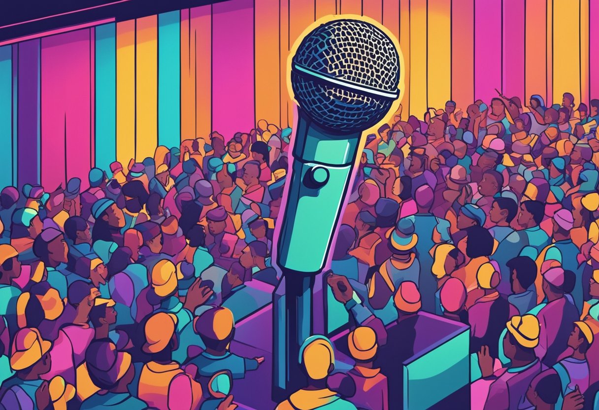 A microphone stands on a stage, surrounded by colorful lights and a crowd of cheering fans. A banner in the background reads "Quote List 76 - 100 motivational rapper quotes."