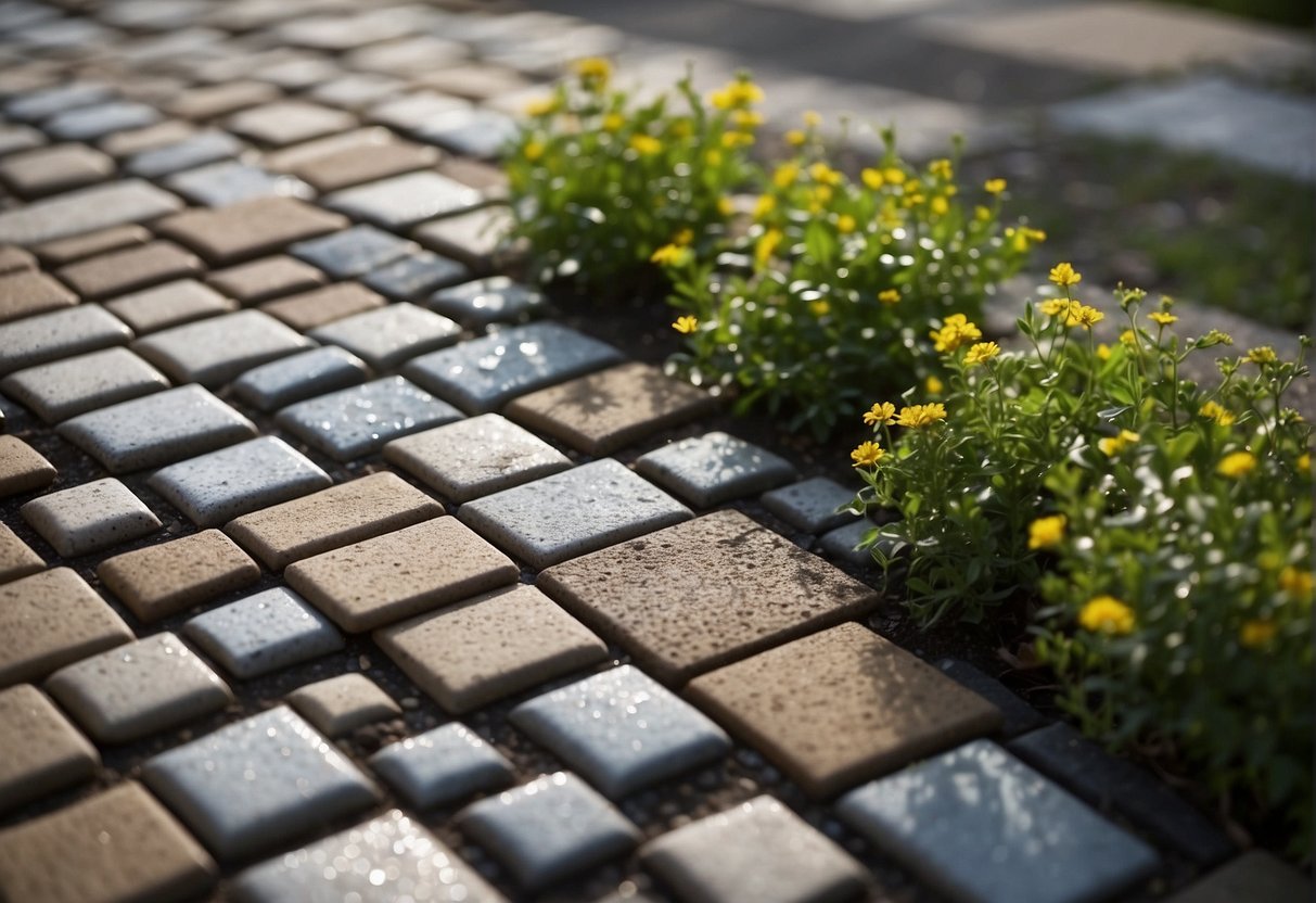 A sunny day with pavers arranged in various patterns, some exposed to rain and others shielded, showcasing the impact of weather on longevity