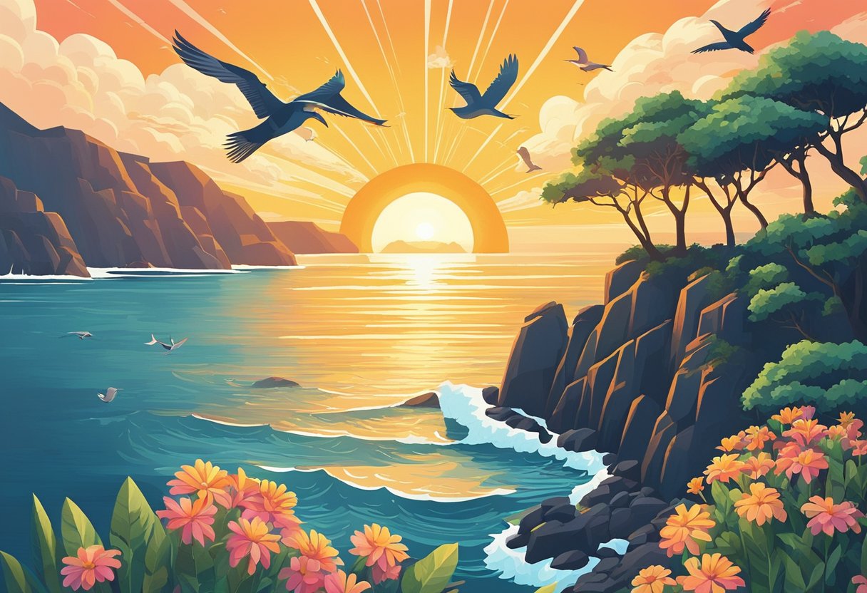 A bright sunrise over a calm ocean, with birds soaring in the sky and a single flower blooming on a rocky cliff