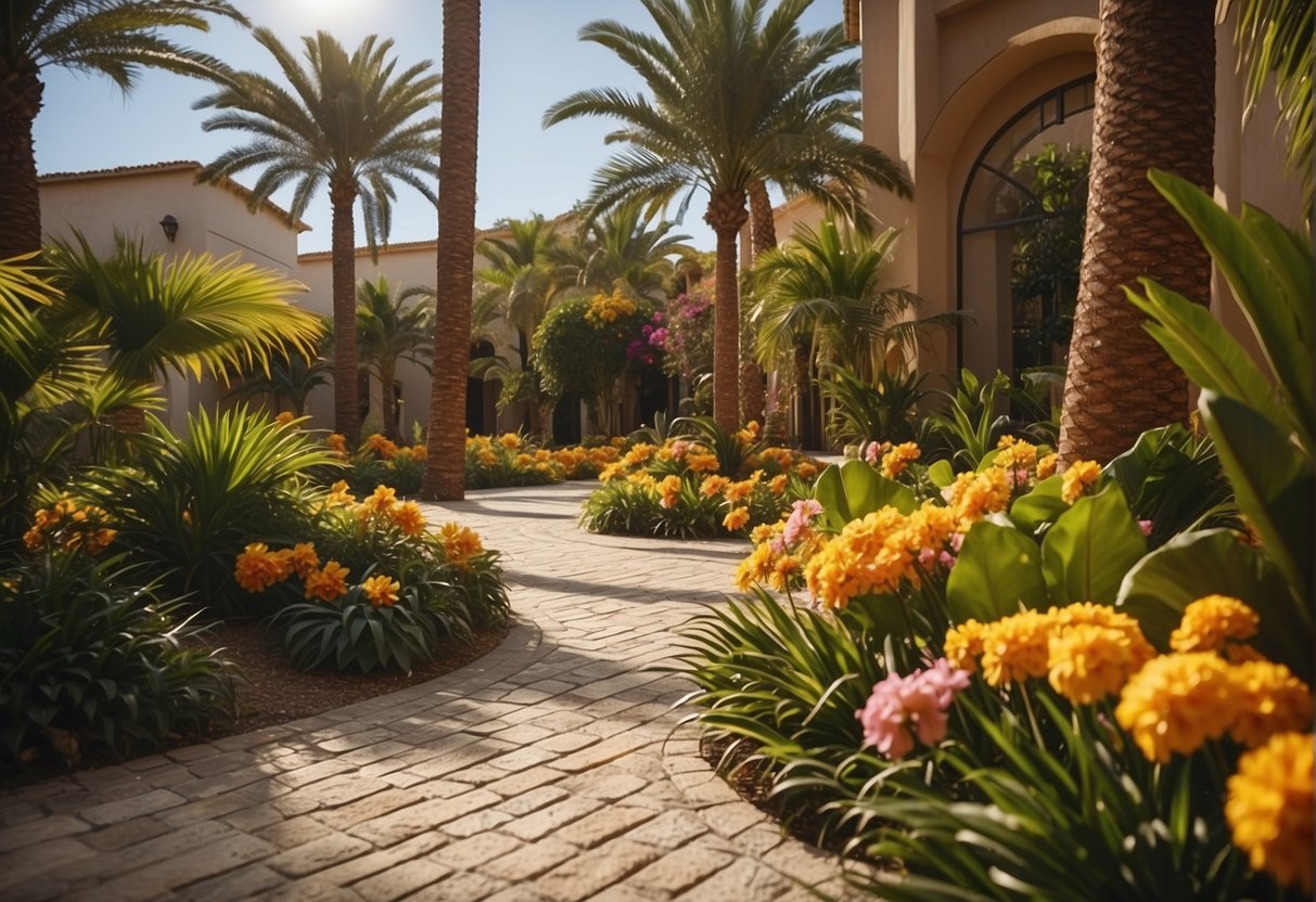 A sunny, tropical setting with palm trees and vibrant flowers. Pavers in earthy tones and textured surfaces to withstand heat and moisture