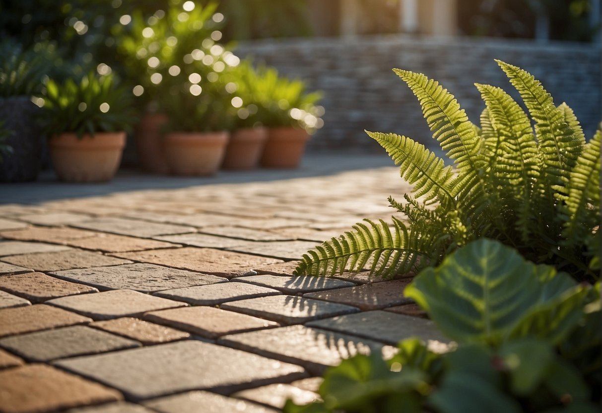 A sunny, tropical setting with various paver materials laid out in a garden. Some options include concrete, brick, and natural stone, showcasing the pros and cons of each in a hot and humid climate