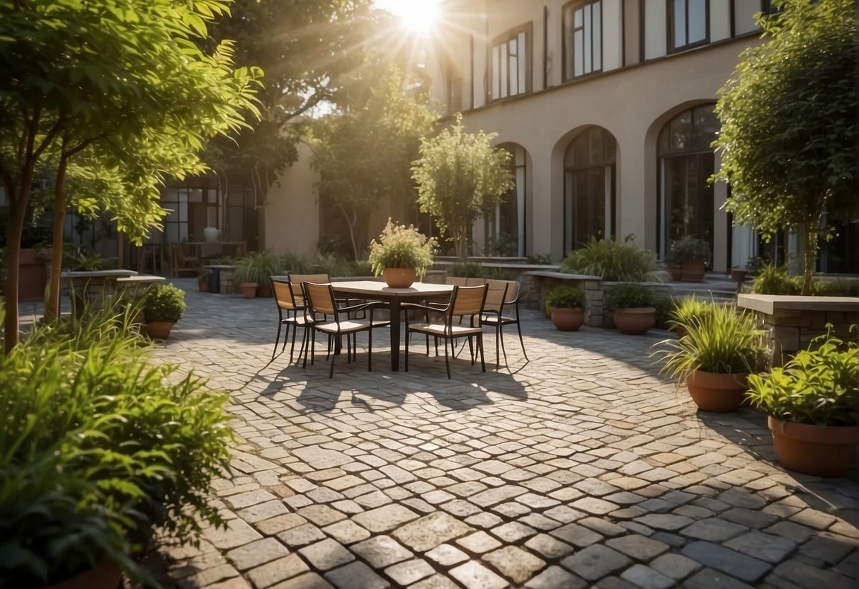 A sunny courtyard with a variety of paver options, including heat-resistant materials, surrounded by lush greenery and equipped with drainage systems