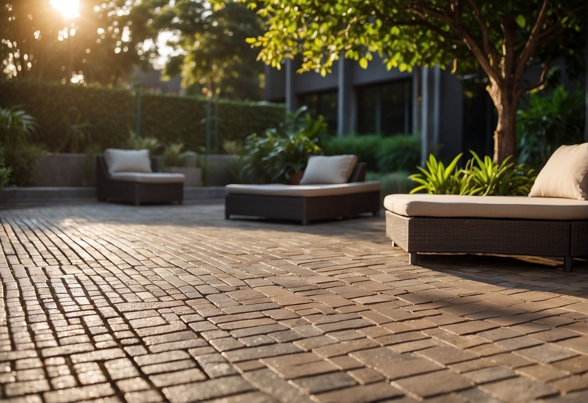 A paved patio with interlocking pavers in a hot and humid climate, surrounded by lush greenery and equipped with efficient drainage systems