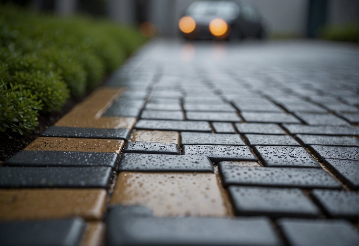 A heavy rainfall area with various paver materials. Pavers are being carefully selected and arranged to withstand the harsh weather conditions