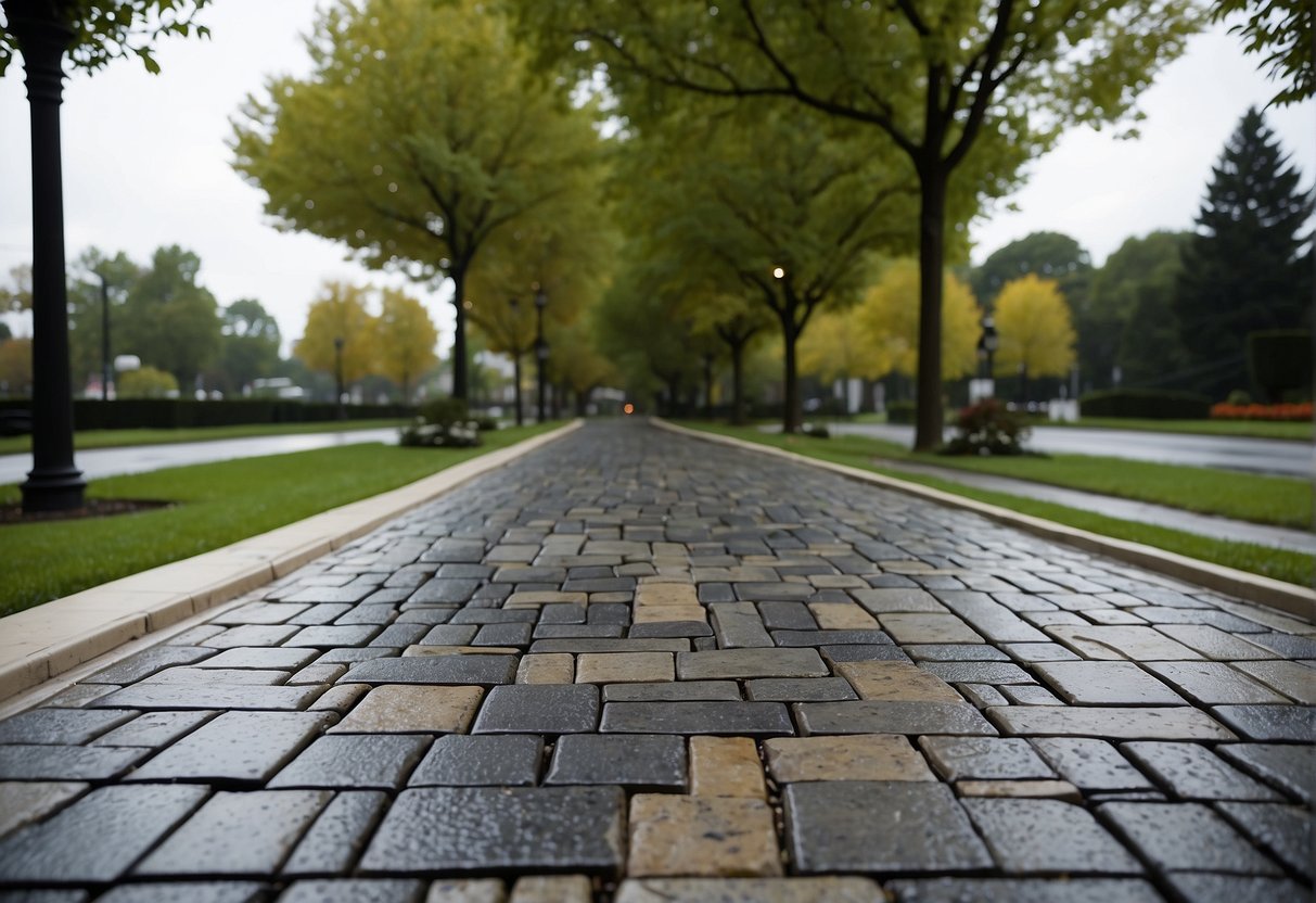 A landscape with large, interlocking pavers laid in a pattern, surrounded by proper drainage systems to handle heavy rainfall