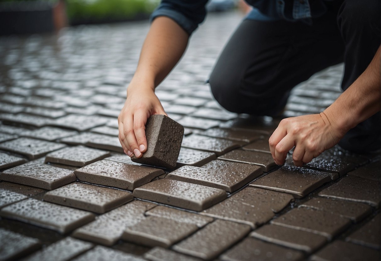 A person selecting pavers for heavy rainfall areas, considering both functionality and aesthetics