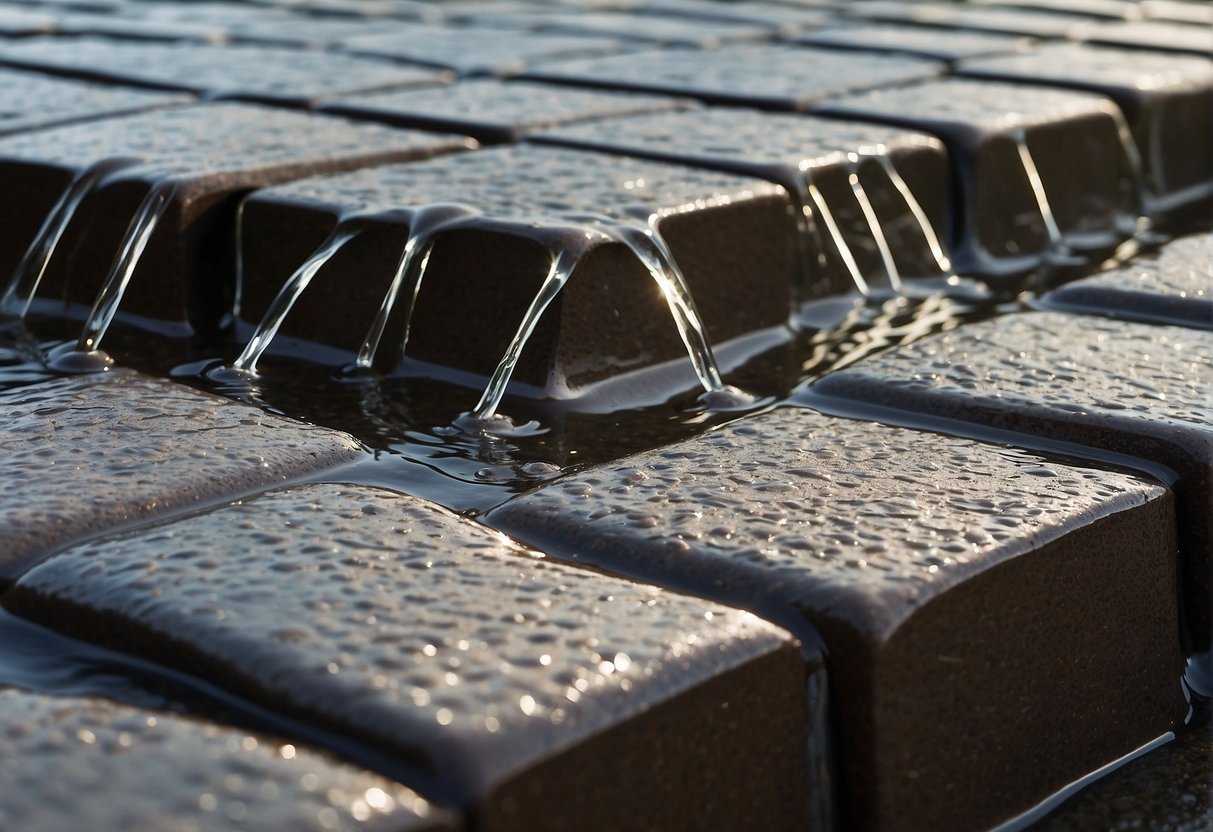 Pavers laid in a pattern on a sloped surface, with water flowing over them to demonstrate heavy rainfall. Some pavers show signs of wear and erosion, while others remain intact, showcasing longevity and maintenance