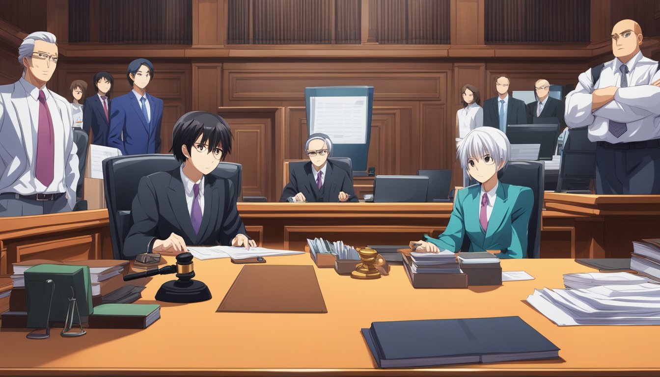 A courtroom scene with a judge, lawyers, and a technology product as evidence. Legal documents and computer screens in the background