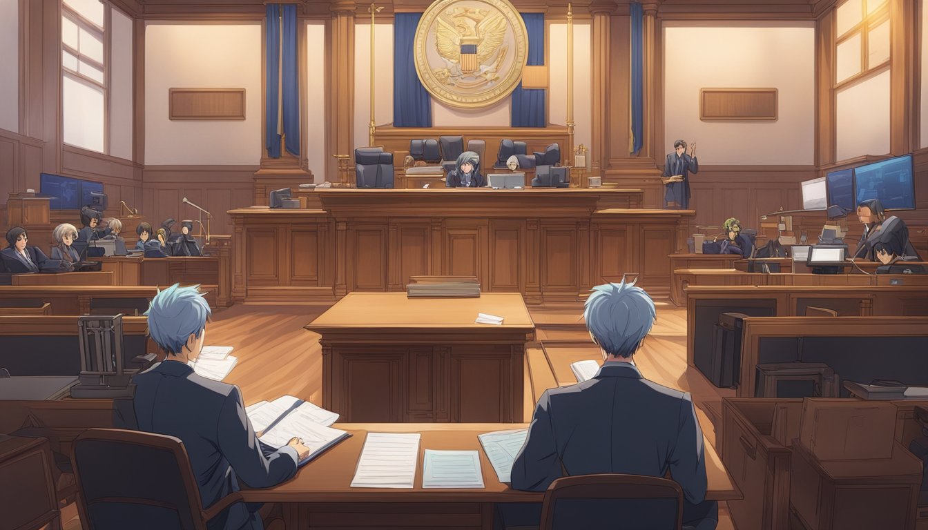 A courtroom with a judge presiding over a case involving privacy, data protection, and AI compliance. Legal documents and technology equipment are present