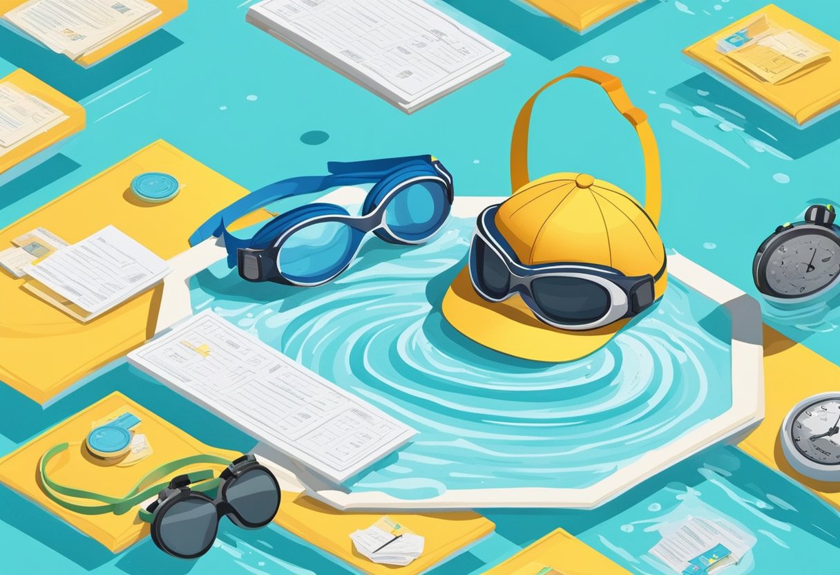 A poolside with a stack of quote cards, goggles, and a swim cap, surrounded by splashing water and a stopwatch