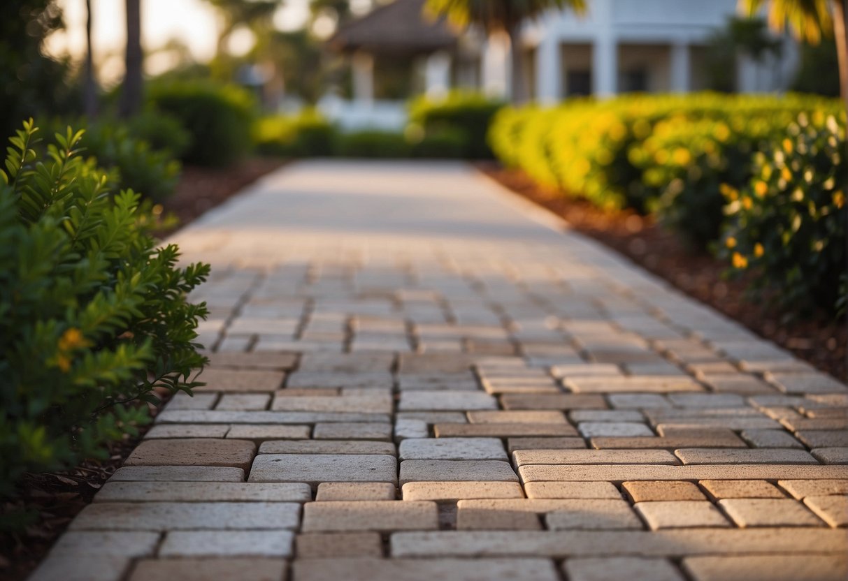A landscape with durable, winter-resistant pavers in a Fort Myers climate. Materials like concrete or clay are used for longevity and weather resistance