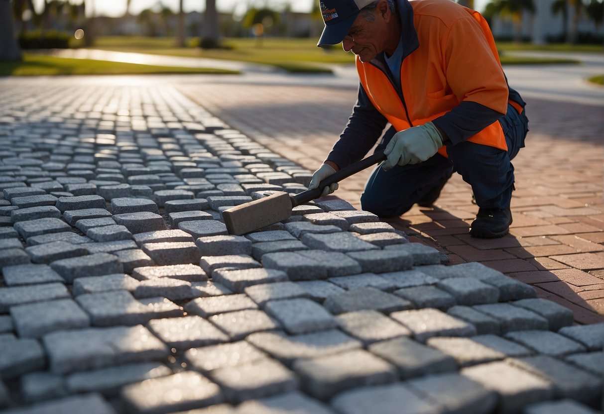 Snowflakes fall on a paved walkway as a maintenance worker installs winter-resistant pavers in Fort Myers. The worker uses a mallet to secure the pavers in place, ensuring durability against the harsh climate