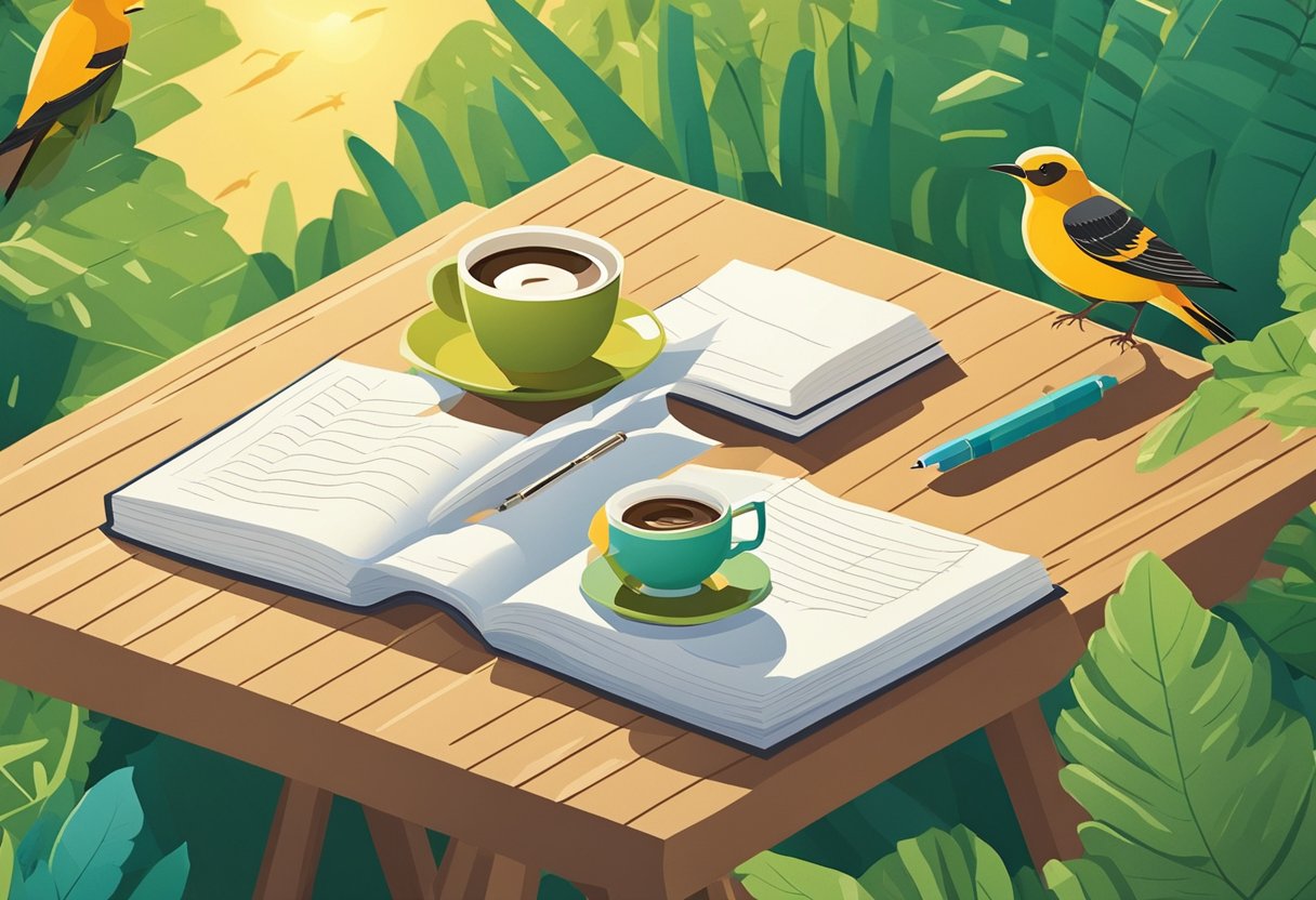 A table with a cup of coffee, a notebook, and a pen surrounded by nature, with the sun shining and birds chirping in the background