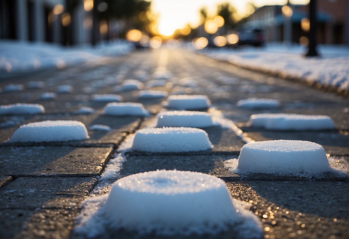 Snow-covered Fort Myers streets with pavers resistant to winter conditions. Icy winds blow as the pavers remain intact and safe for pedestrians