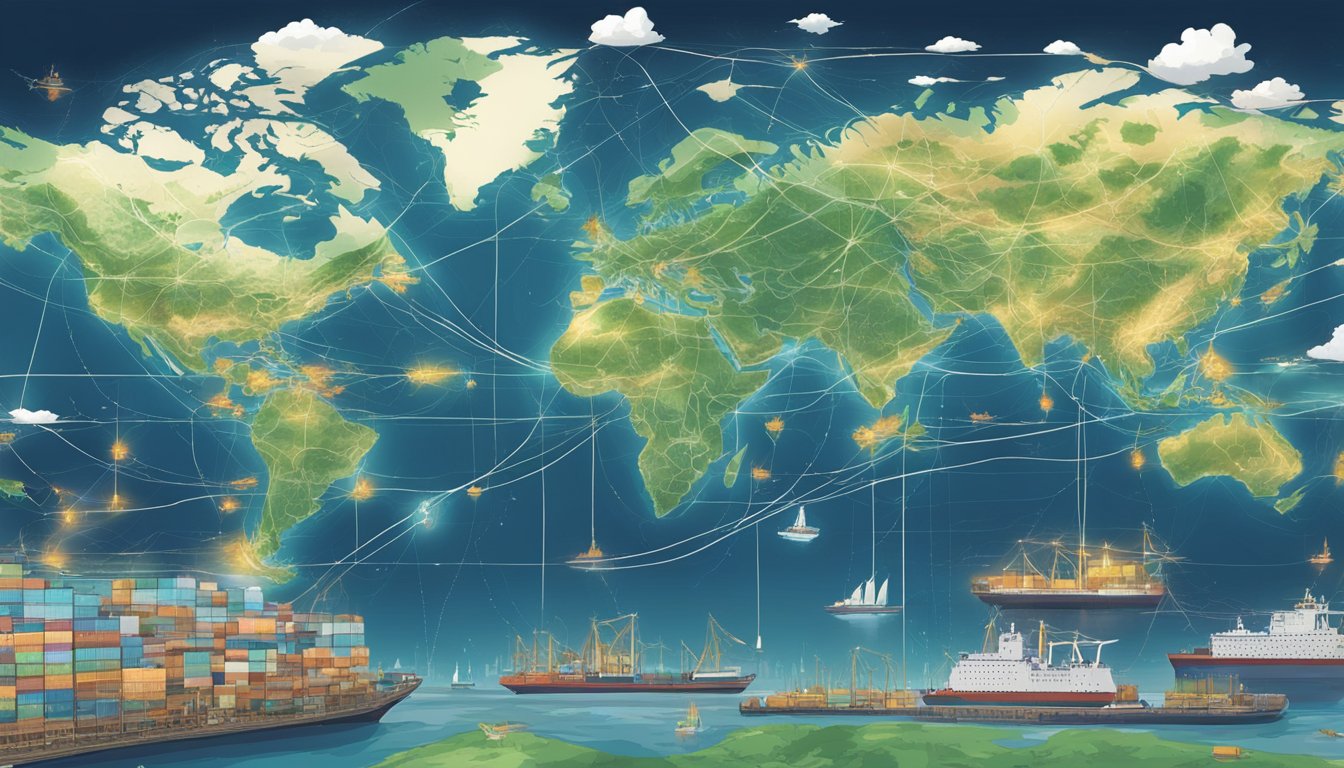 A global map with interconnected shipping routes, ports, and logistics hubs, showcasing the complexities and challenges of the global supply chain