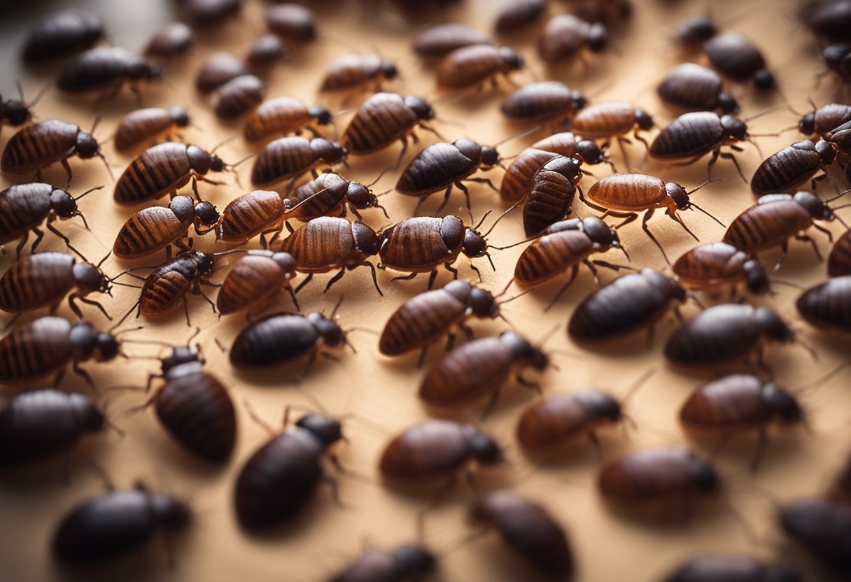 Bed bugs infesting a bedroom, crawling from one room to another, spreading health implications
