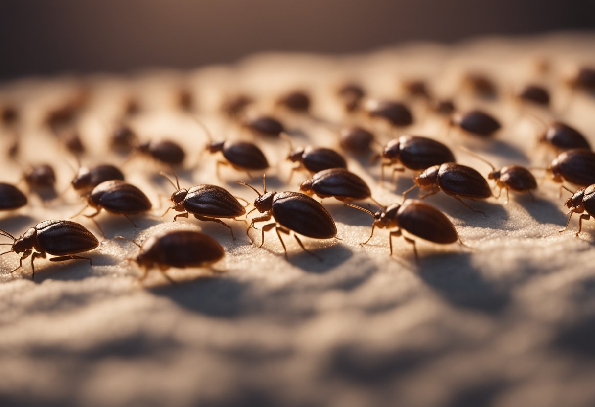 Bed bugs move between rooms, depicted by a trail of tiny insects traveling from one room to another