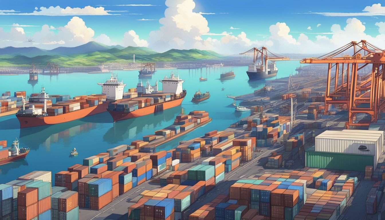 A bustling port with cargo ships lined up, cranes loading containers, and trucks transporting goods. Air and water pollution from shipping activities are evident