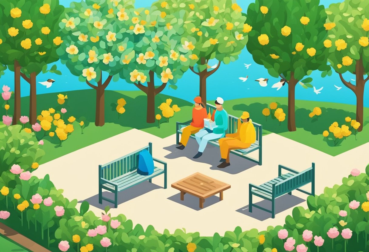 A bright, sunny day with a clear blue sky. A peaceful park setting with lush greenery and blooming flowers. A bench with a book and a cup of coffee, surrounded by trees and chirping birds