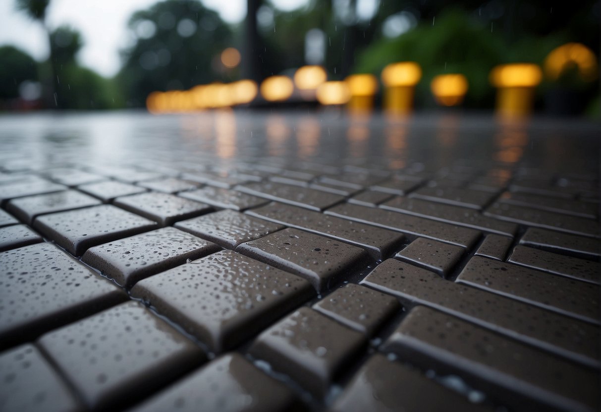 A variety of paver materials displayed in a tropical storm setting, with strong winds and heavy rain, to show durability and resilience