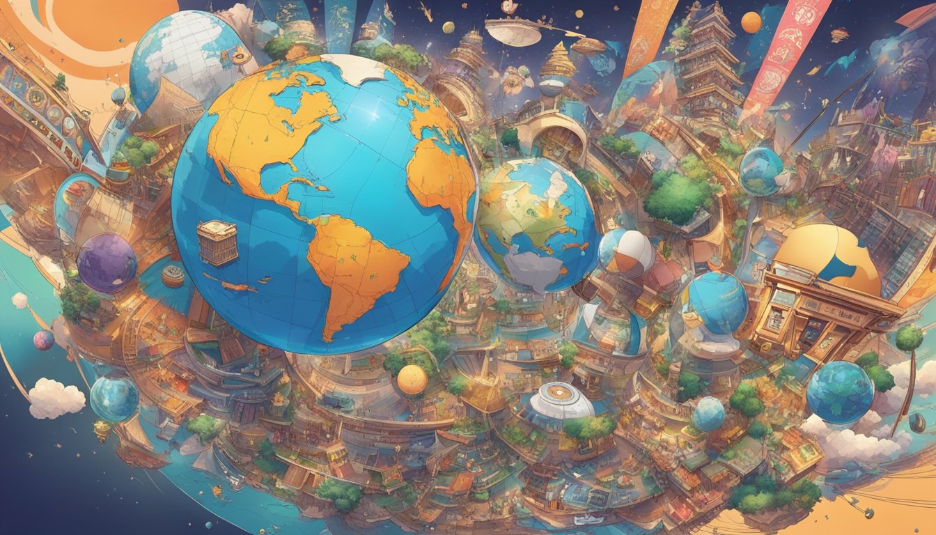 A globe surrounded by various cultural symbols, connecting with diverse audiences through digital and traditional marketing channels