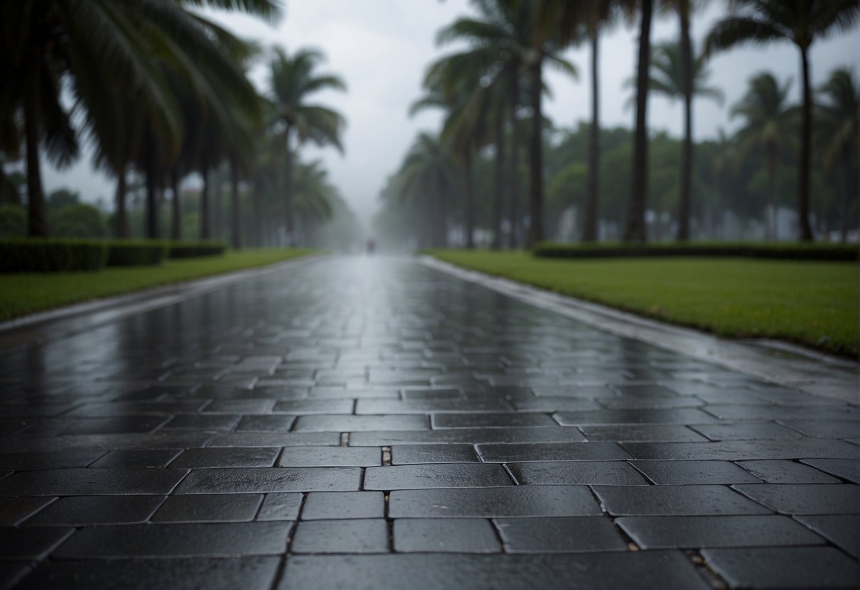 A tropical storm rages, pavers withstand the elements. Palms sway in the wind, rain pelts the ground. Choose durable materials for a resilient landscape
