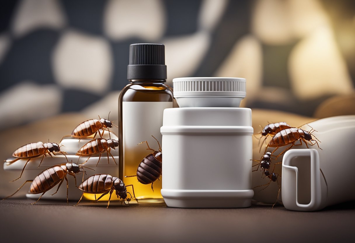 Bed bugs cluster near a radiator, drawn to the warmth. A bottle of pesticide sits nearby, ready for use