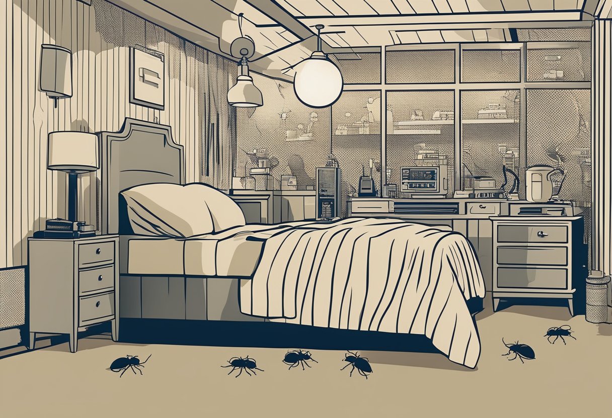 Bed bugs gather around a heat source, like a radiator or warm electronics, in a dark and cluttered bedroom