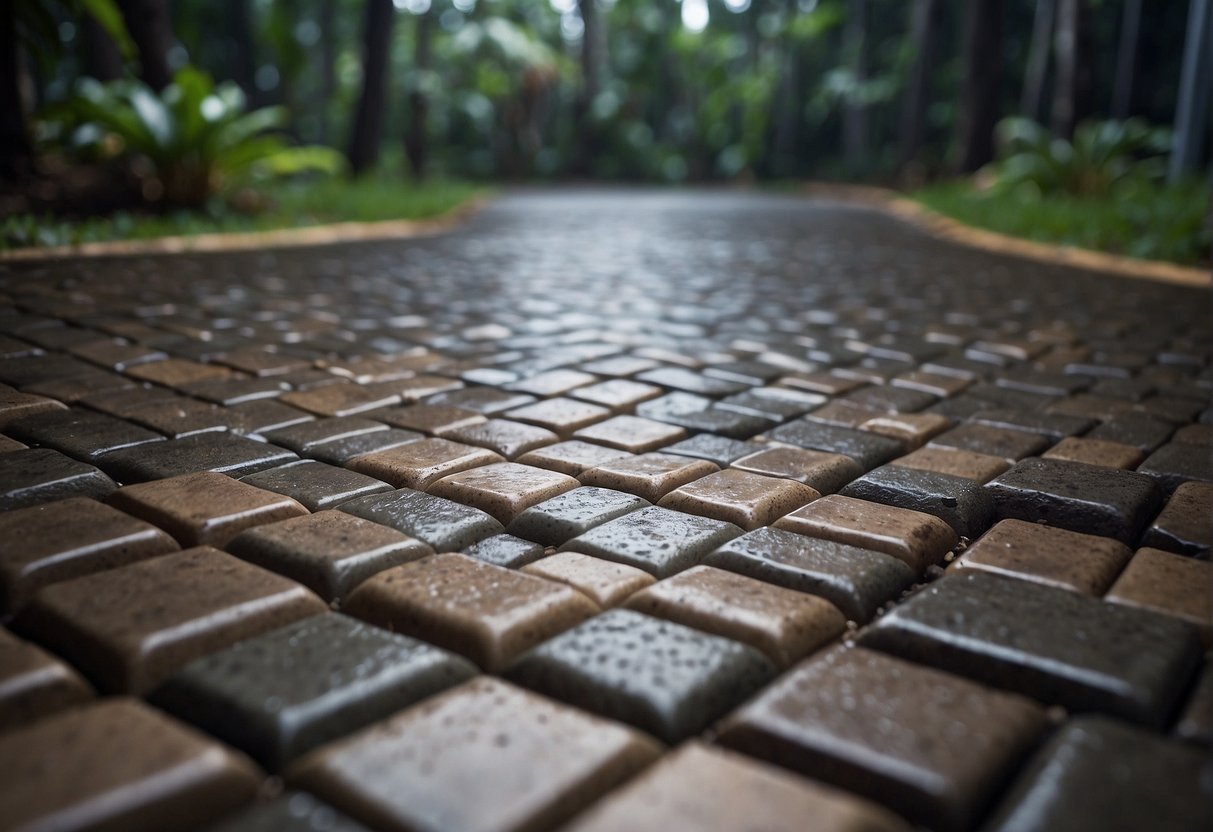 Pavers being tested in a simulated tropical storm, with cost analysis charts in the background