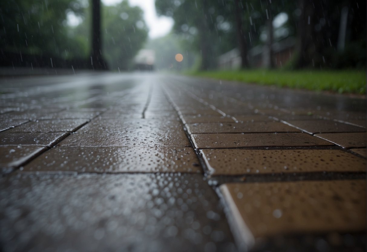 Pavers withstand heavy rain and high winds in a tropical storm. Trees sway and debris flies as the storm rages on