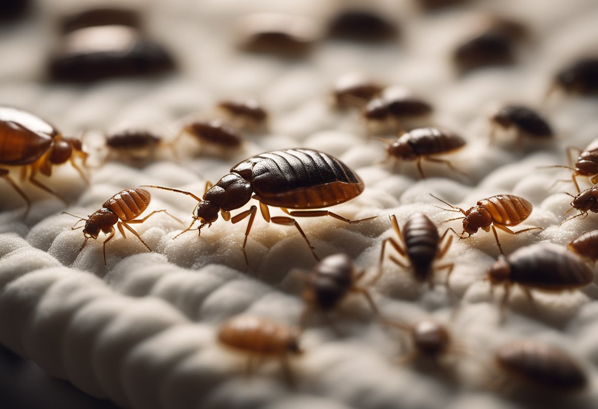 Bed bugs and fleas battle on a worn-out mattress, surrounded by scattered clothing and discarded furniture