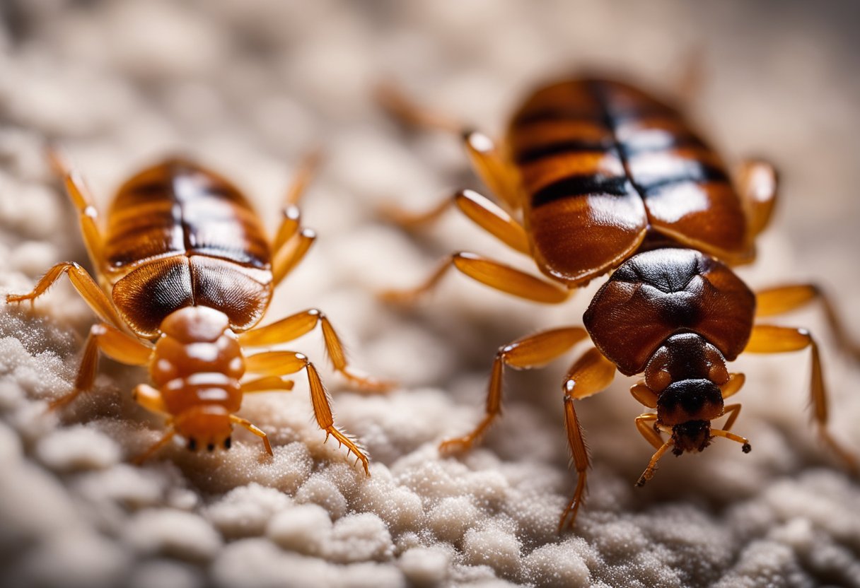 Fleas and bed bugs shown side by side, with clear differences in size, shape, and color. Bed bugs are flat and reddish-brown, while fleas are smaller, darker, and more elongated