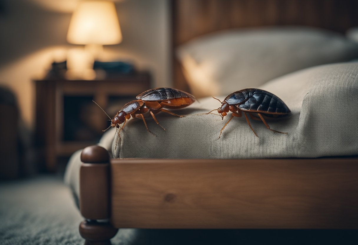 A bed bug and a flea face off in a cluttered bedroom, with a mattress and furniture infested with both pests. The room is dimly lit, with scattered clothing and bedding adding to the chaos