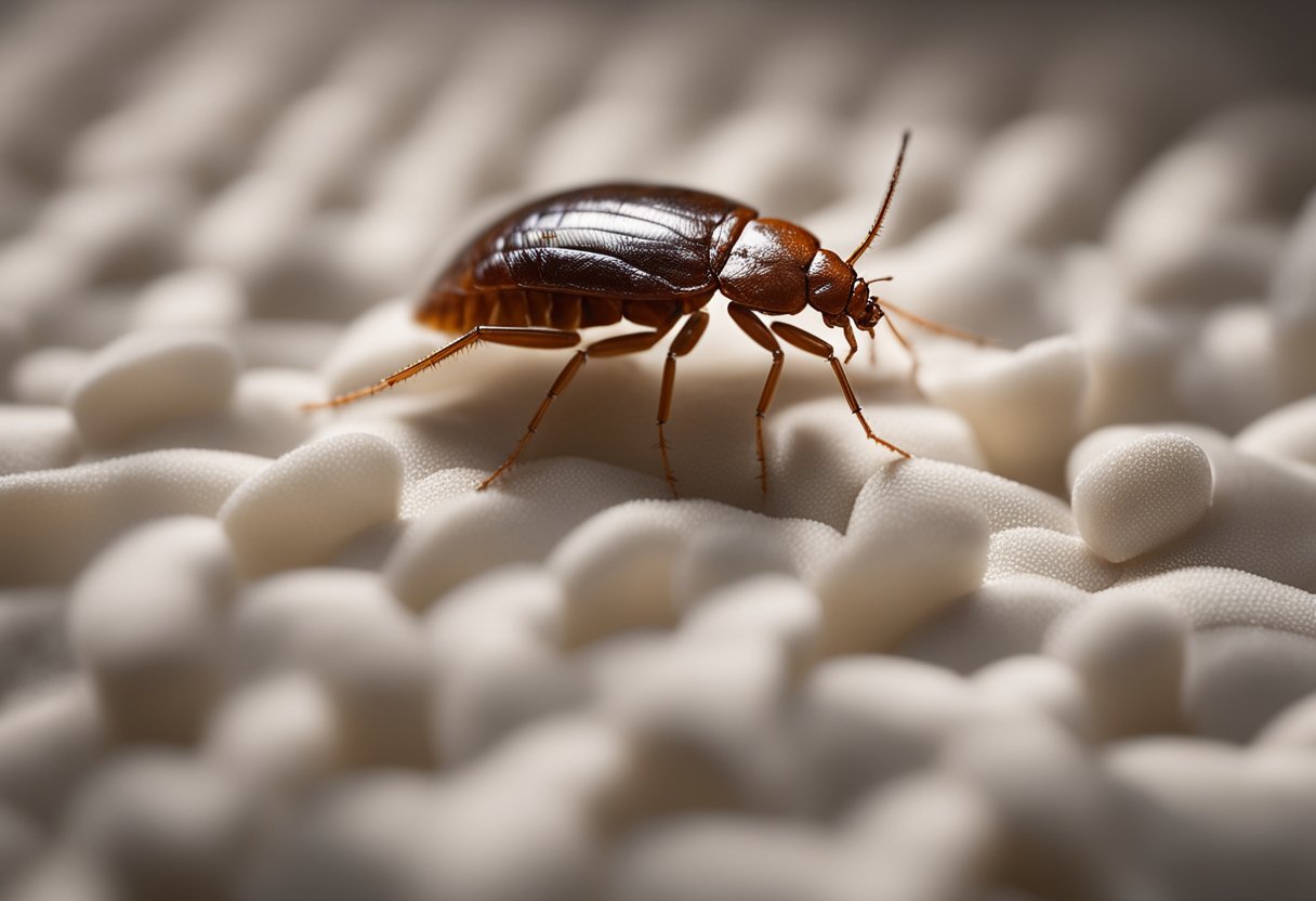 A bed bug and a flea face off on a mattress, surrounded by scattered bedding and furniture