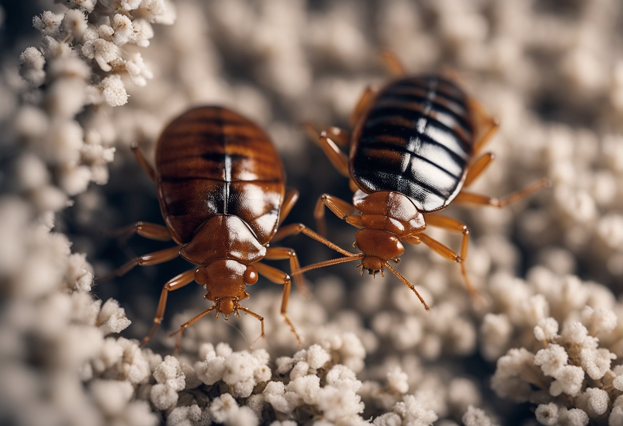 A bed bug and a flea face off in a cluttered bedroom, with a bed in the center. The bed bug is hiding in the mattress crevices, while the flea is jumping around on the carpet