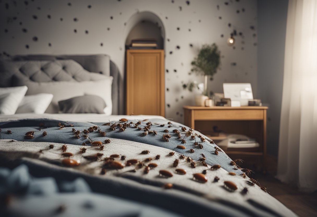 A cluttered bedroom with a mattress infested with bed bugs and fleas. Cracks in the walls and furniture provide hiding spots for the pests