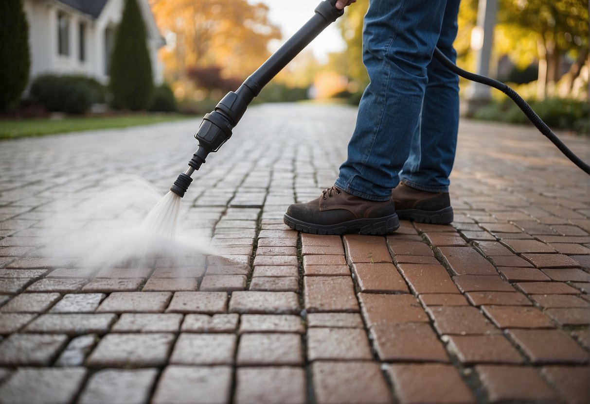 Pavers being cleaned with a pressure washer and sealed with a climate-specific sealant. Maintenance tools and products nearby
