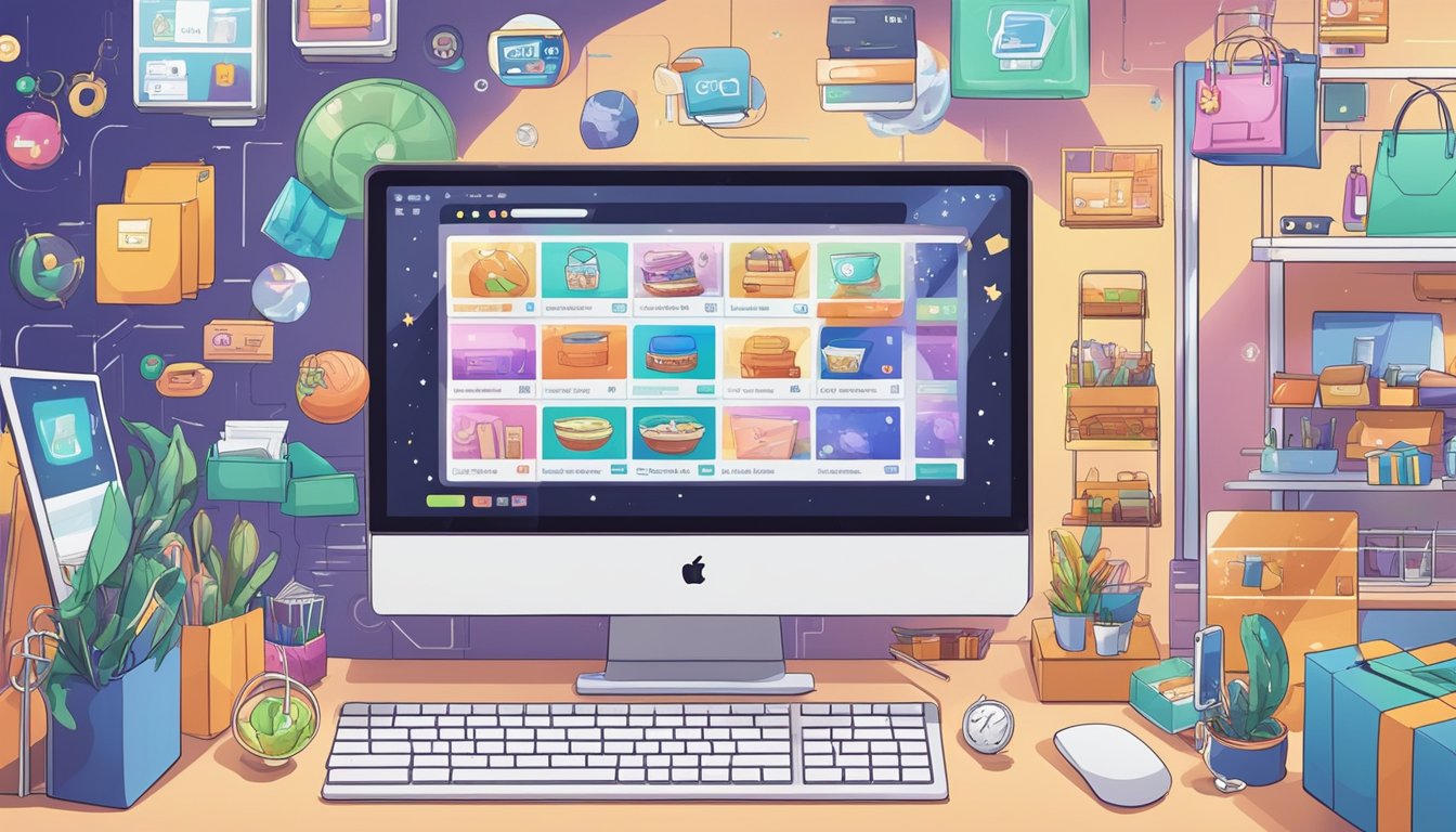 A computer screen displaying various online shopping websites with a variety of products, a secure checkout process, and positive customer reviews