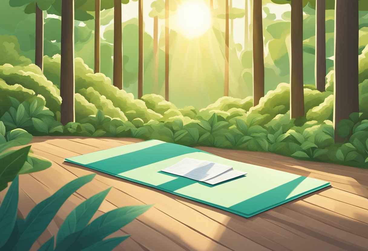 A serene yoga mat surrounded by nature, with a stack of quote cards nearby. Sunlight filters through the trees, casting a peaceful glow