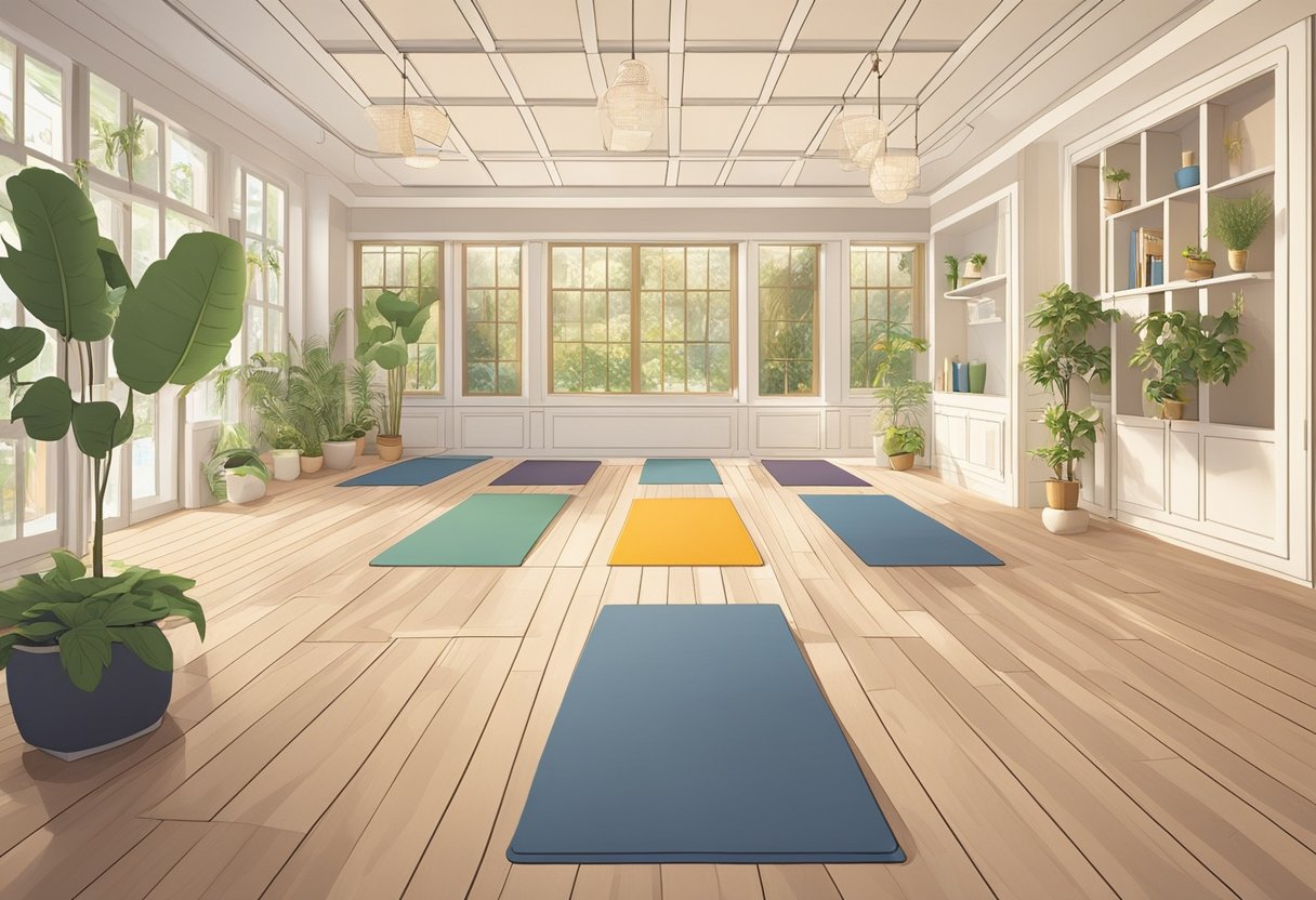 A serene yoga studio with soft lighting and calming decor, surrounded by inspirational quotes displayed on the walls