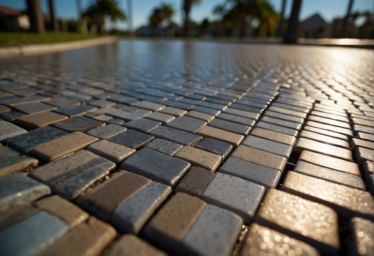 A sunny day in Fort Myers, UV-resistant pavers glistening under the intense sun, protecting the ground from harmful UV exposure