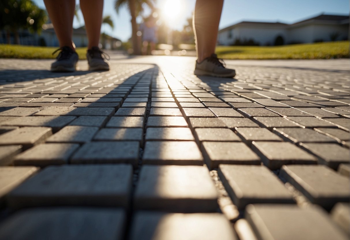 A person selecting UV-resistant pavers in Fort Myers, with the sun shining down on the outdoor space