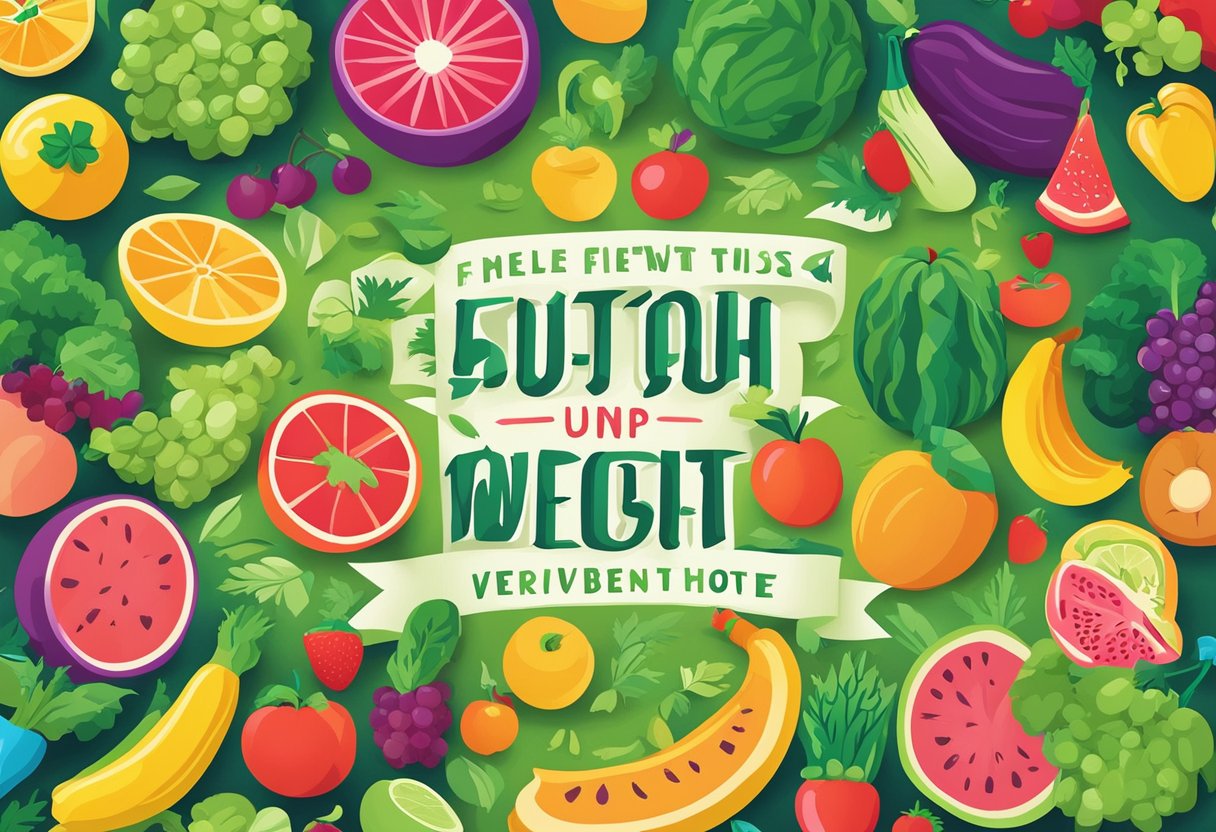 A colorful array of fruits and vegetables with motivational diet quotes displayed in bold, vibrant lettering