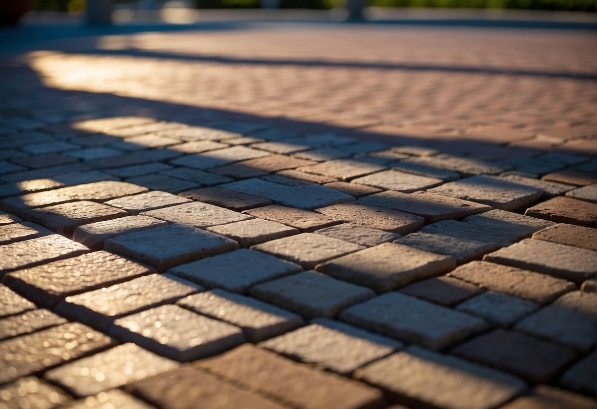 The sunlight shines down on the UV-resistant pavers, casting sharp shadows and highlighting their vibrant colors in the intense Fort Myers sun