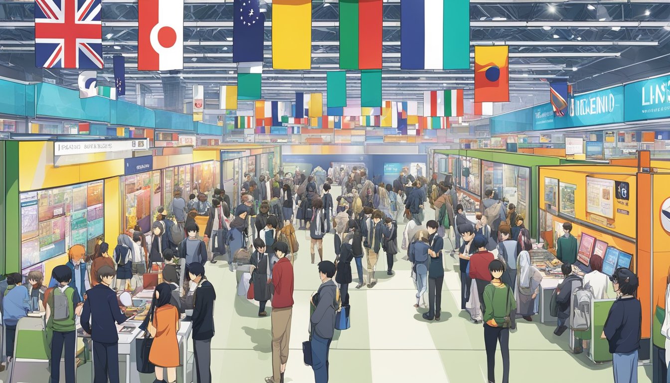 Busy trade show floor with colorful booths and banners. Attendees networking and exchanging business information. International flags and signage indicating key events