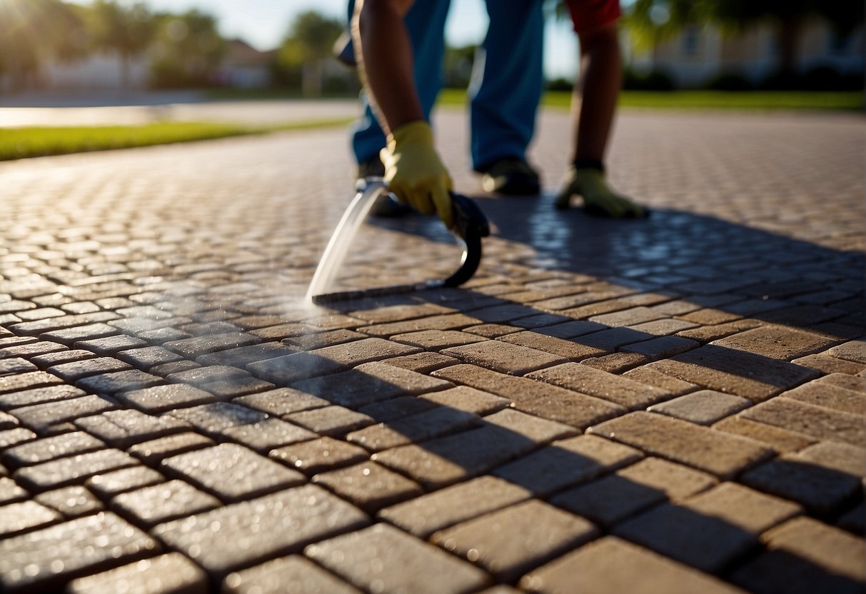 Pavers being sealed with UV-resistant coating under the intense sun of Fort Myers. Maintenance crew applying protective sealant to the surface