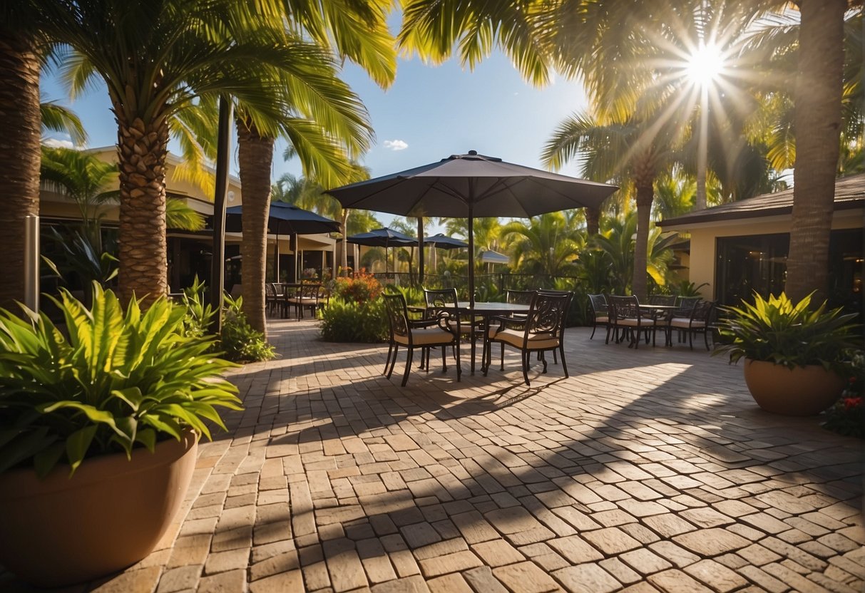 A sunny Fort Myers patio with UV-resistant pavers, surrounded by vibrant greenery and protected by a shade structure