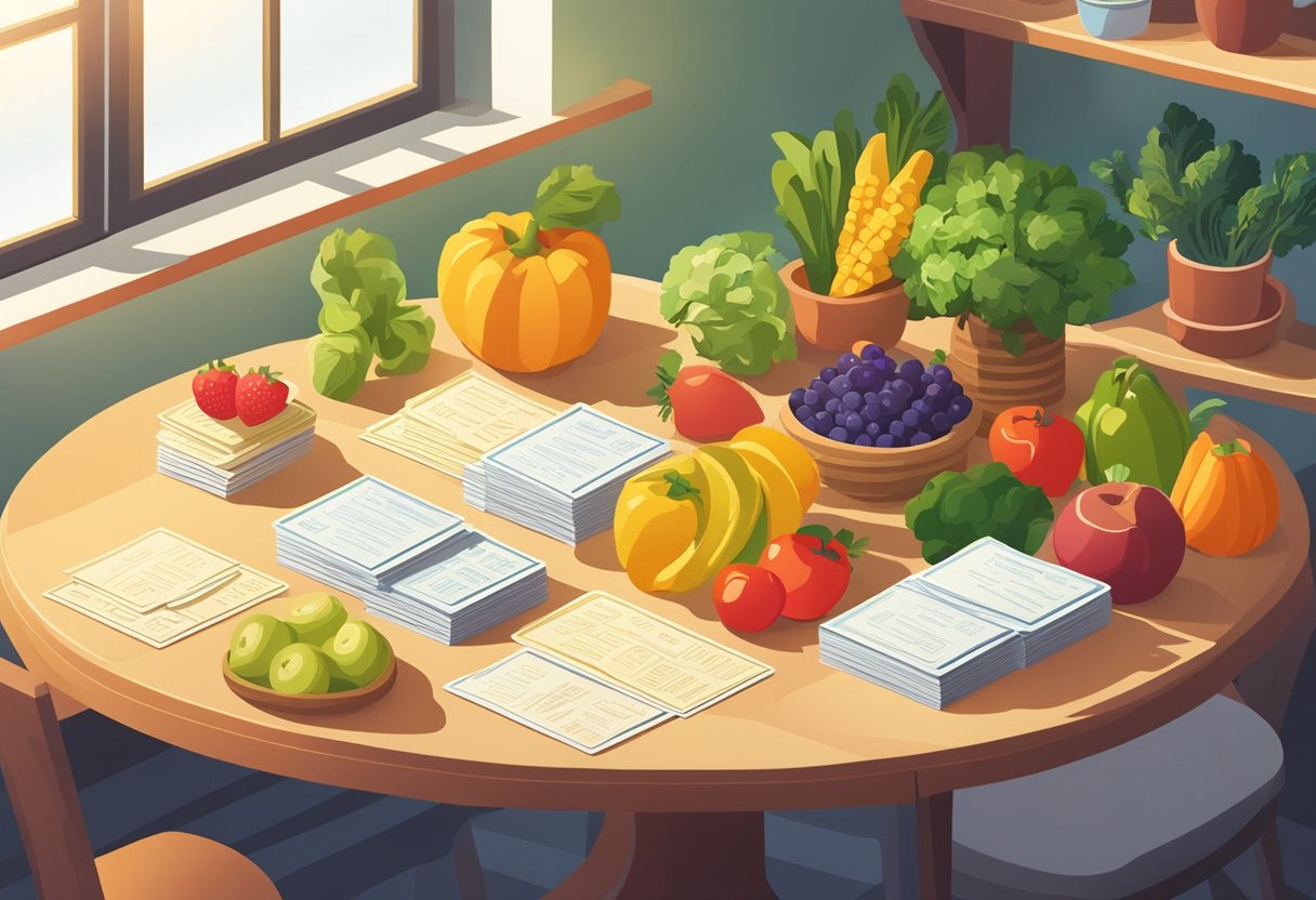A table with a stack of quote cards, surrounded by fruits and vegetables. Sunlight streaming in through a window, casting a warm glow on the scene